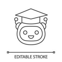 Machine learning linear icon. Artificial intelligence. Thin line illustration. Teacher bot. Graduated robot. Chatbot. Bot in graduation hat. Vector isolated outline drawing. Editable stroke