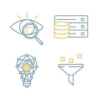 Machine learning color linear icons set. Retina scan, database, innovation process, data filtering. Thin line illustrations. Isolated vector illustrations