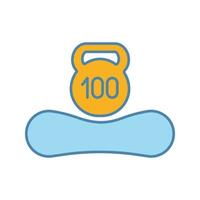 Maximum weight limit up to 100 kg color icon. Mattress weight recommendation per person of hundred kilograms. Sleeper suitable mass. Mattress and kettlebell. Isolated vector illustration