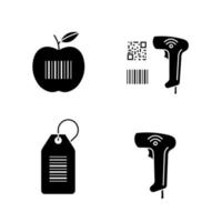 Barcodes glyph icons set. Product barcode, qr and linear codes scanner, hang tag, wireless handheld reader. Silhouette symbols. Vector isolated illustration