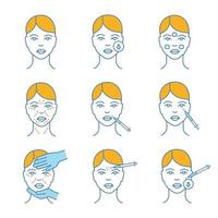 Neurotoxin injection color icon set. Woman face, makeup removal, anesthetic cream, mimic wrinkles, lip, crows feet neurotoxin injection, cosmetologist exam, disinfection. Isolated vector illustrations