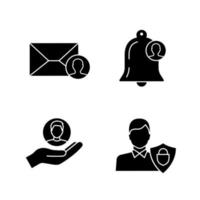 Customer retention and loyalty glyph icons set. Email targeting, customer notification, clients care service, user protection. Silhouette symbols. Vector isolated illustration