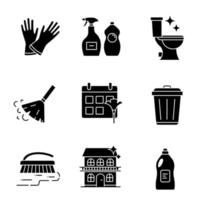 Cleaning service glyph icons set. Household gloves, detergents, tidy toilet, broom, schedule, garbage bin, scrub brush, house cleaning. Silhouette symbols. Vector isolated illustration