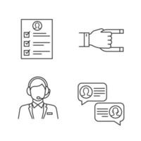 iconos lineales de retención y lealtad del cliente. encuesta de control de calidad, captación de clientes, operador de call center, chat de soporte. símbolos de línea delgada. ilustraciones aisladas de contorno vectorial. trazo editable vector