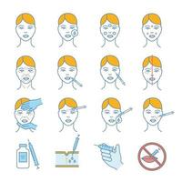 Neurotoxin injection color icons set. Anti wrinkle procedures. Neuro toxin injection. Facial rejuvenation. Cosmetic procedures. Cosmetology. Isolated vector illustrations