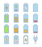 Battery charging color icons set. Battery level indicators. Low, middle and high charge. Isolated vector illustrations