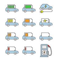 Electric car battery charging color icons set. Automobile battery level indicator. High, middle and low charge. Eco friendly auto. Isolated vector illustrations