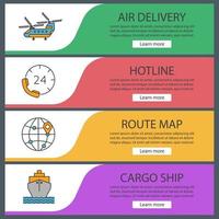 Cargo shipping web banner templates set. Delivery service. Military helicopter, hotline, route map, cargo ship. Website color menu items. Vector headers design concepts