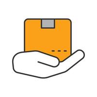 Open hand with parcel color icon. Isolated vector illustration