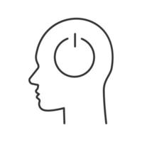 Human head with power button inside linear icon. Brain turning off. Thin line illustration. Robot. Contour symbol. Vector isolated outline drawing