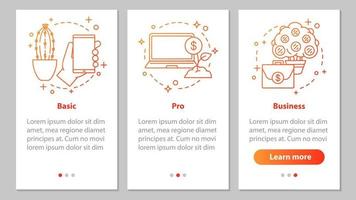 Business development onboarding mobile app page screen with linear concepts. Basic, pro options. Financial services. Business software. Steps graphic instructions. UX, UI, GUI vector illustrations