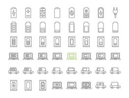 Battery charging linear icons set. Smartphone, laptop and electric car charge. Battery level indicator. Thin line contour symbols. Isolated vector outline illustrations. Editable stroke