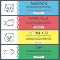 conjunto de plantillas de banner web de mascotas. mapache, chinchilla, gato británico, cavy. elementos del menú de color del sitio web con iconos lineales. conceptos de diseño de encabezados vectoriales vector