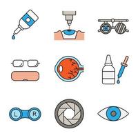 Ophtalmology color icons set. Eye drops and dropper, laser surgery, exam glasses, spectacles case, lens box, diaphragm, eyesight. Isolated vector illustrations