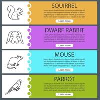 Pets web banner templates set. Squirrel, dwarf rabbit, mouse, parrot. Website color menu items with linear icons. Vector headers design concepts