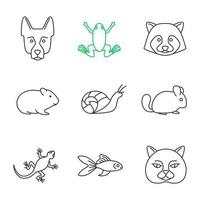 Pets linear icons set. German Shepherd, frog, raccoon, hamster, snail, chinchilla, frog, lizard, goldfish, British cat. Thin line contour symbols. Isolated vector outline illustrations