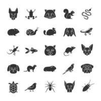 Pets glyph icons set. Exotic animals. Rodents, birds, reptiles, insects, dogs, cats. Silhouette symbols. Vector isolated illustration