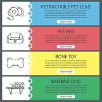 Pets supplies web banner templates set. Website color menu items with linear icons. Pet lead, animal bed, bone chew toy, bathing dog. Vector headers design concepts