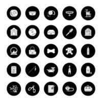 Pets supplies glyph icons set. Domestic animals goods. Pets food, toys, accessories, houses. Vector white silhouettes illustrations in black circles