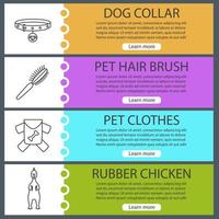 Pets supplies web banner templates set. Dog collar, fur brush, clothes, rubber chicken. Website color menu items with linear icons. Vector headers design concepts