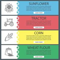 Agriculture web banner templates set. Sunflower, tractor, corn, wheat flour. Website color menu items with linear icons. Vector headers design concepts