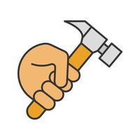 Hand holding hammer color icon. Isolated vector illustration