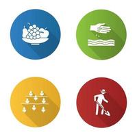 Agriculture flat design long shadow glyph icons set. Farming. Bowl with fruits, sowing, farmer, field. Vector silhouette illustration