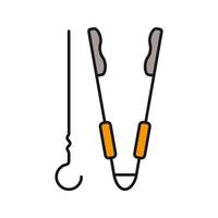 Grill skewer and tongs color icon. Barbecue tools. Isolated vector illustration