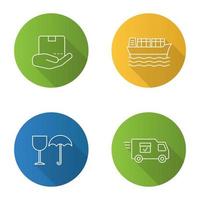 Cargo shipping flat linear long shadow icons set. Delivery service. Open hand with parcel, cargo vessel, fragile, delivery van. Vector outline illustration