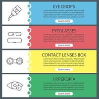 Ophthalmology web banner templates set. Eye drops, eyeglasses case, contact lenses box, hyperopia. Website color menu items with linear icons. Vector headers design concepts
