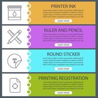 Printing web banner templates set. Printer ink, ruler and pencil, round sticker, printing registration. Website color menu items with linear icons. Vector headers design concepts