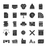 Printing glyph icons set. Polygraphy and typography. Posters, flyers, brochures, booklets templates. Silhouette symbols. Vector isolated illustration