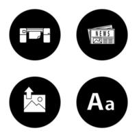 Printing glyph icons set. Polygraphy and typography. Large format printer, newspaper, image uploading, font. Vector white silhouettes illustrations in black circles