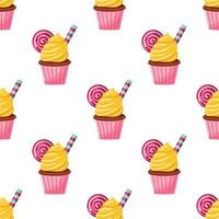 seamless pattern chocolate cupcake with cream and sweets. vector illustration on a white background.