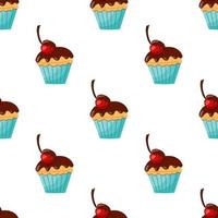 seamless cupcake pattern with chocolate icing and cherry. vector illustration on a white background.