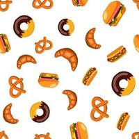 seamless pattern of fast food, burger, hot dog and donut. vector illustration on a white background