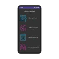 House cleaning checklist smartphone interface vector template. Mobile app page black design layout. Cleaning, laundry schedule screen. Flat UI for application. To do list, task schedule. Phone display