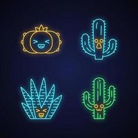 Cactuses cute kawaii neon light characters. Plants with smiling faces. Laughing peyote cacti. Funny emoji, emoticon set. Glowing icons with alphabet, numbers, symbols. Vector isolated illustration