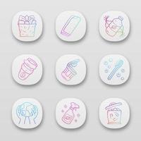 Zero waste swaps handmade app icons set. Eco friendly, sustainable products. Reusable coffee cup, eco shampoo, brush. UI UX user interface. Web or mobile applications. Vector isolated illustrations