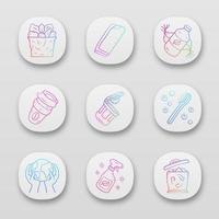 Zero waste swaps handmade app icons set. Eco friendly, sustainable products. Reusable coffee cup, eco shampoo, brush. UI UX user interface. Web or mobile applications. Vector isolated illustrations