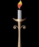 Picture of a burning candle in a candlestick on a black background. Isolated.