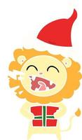 flat color illustration of a roaring lion with gift wearing santa hat vector