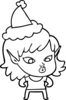 pretty line drawing of a elf girl wearing santa hat vector