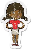 retro distressed sticker of a cartoon pretty girl with hands on hips vector