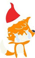 crying fox flat color illustration of a wearing santa hat vector