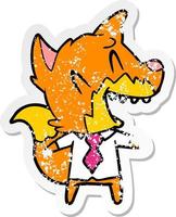 distressed sticker of a laughing fox in shirt and tie vector