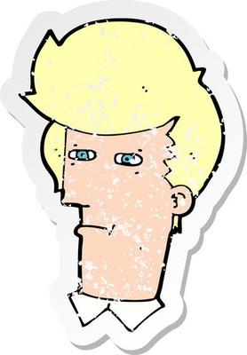 retro distressed sticker of a cartoon man narrowing eyes