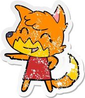 distressed sticker of a happy cartoon fox vector