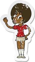 retro distressed sticker of a cartoon pretty woman waving vector