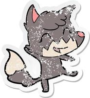 distressed sticker of a happy cartoon fox vector